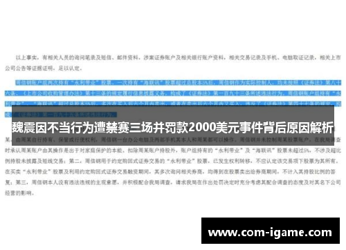 魏震因不当行为遭禁赛三场并罚款2000美元事件背后原因解析 魏震因不当行为遭禁赛三场并罚款2000美元事件背后原因解析