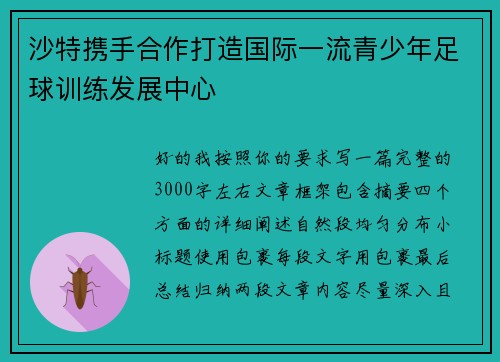 沙特携手合作打造国际一流青少年足球训练发展中心 沙特携手合作打造国际一流青少年足球训练发展中心