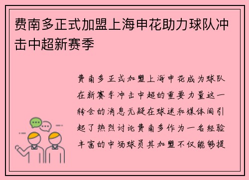 费南多正式加盟上海申花助力球队冲击中超新赛季
