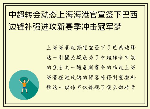中超转会动态上海海港官宣签下巴西边锋补强进攻新赛季冲击冠军梦